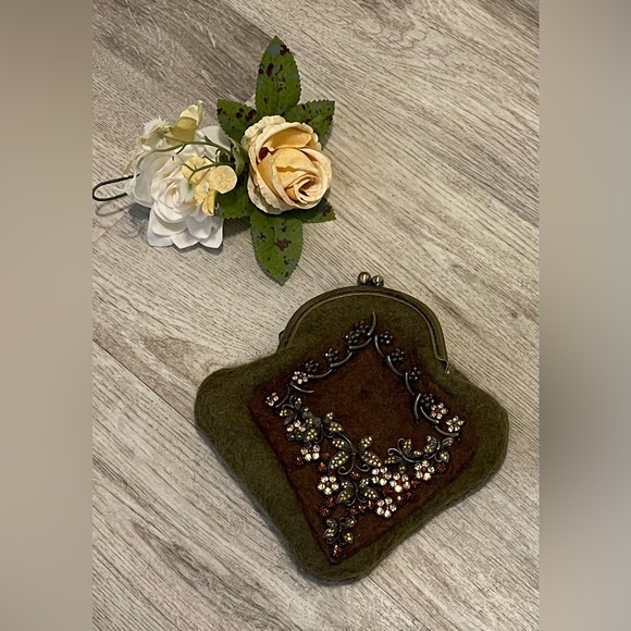 Handbags - Vintage Olive Green Mohair / Wool Coin Purse/ Evening Bag With Rhinestones NEW